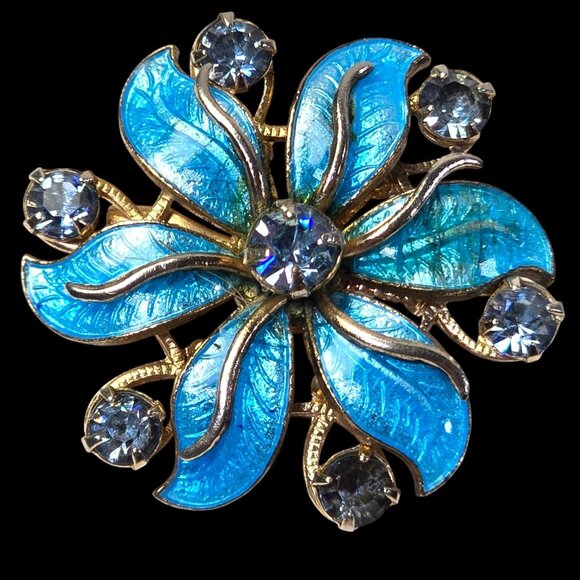 Vintage Blue Enamel Rhinestone Flower Brooch Pin Mid Century Guilloche Style - Picture 1 of 11